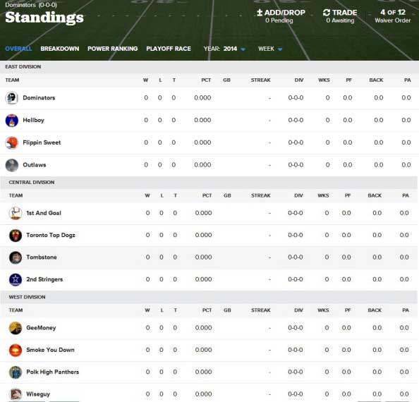 Sample NFL Keeper Standings